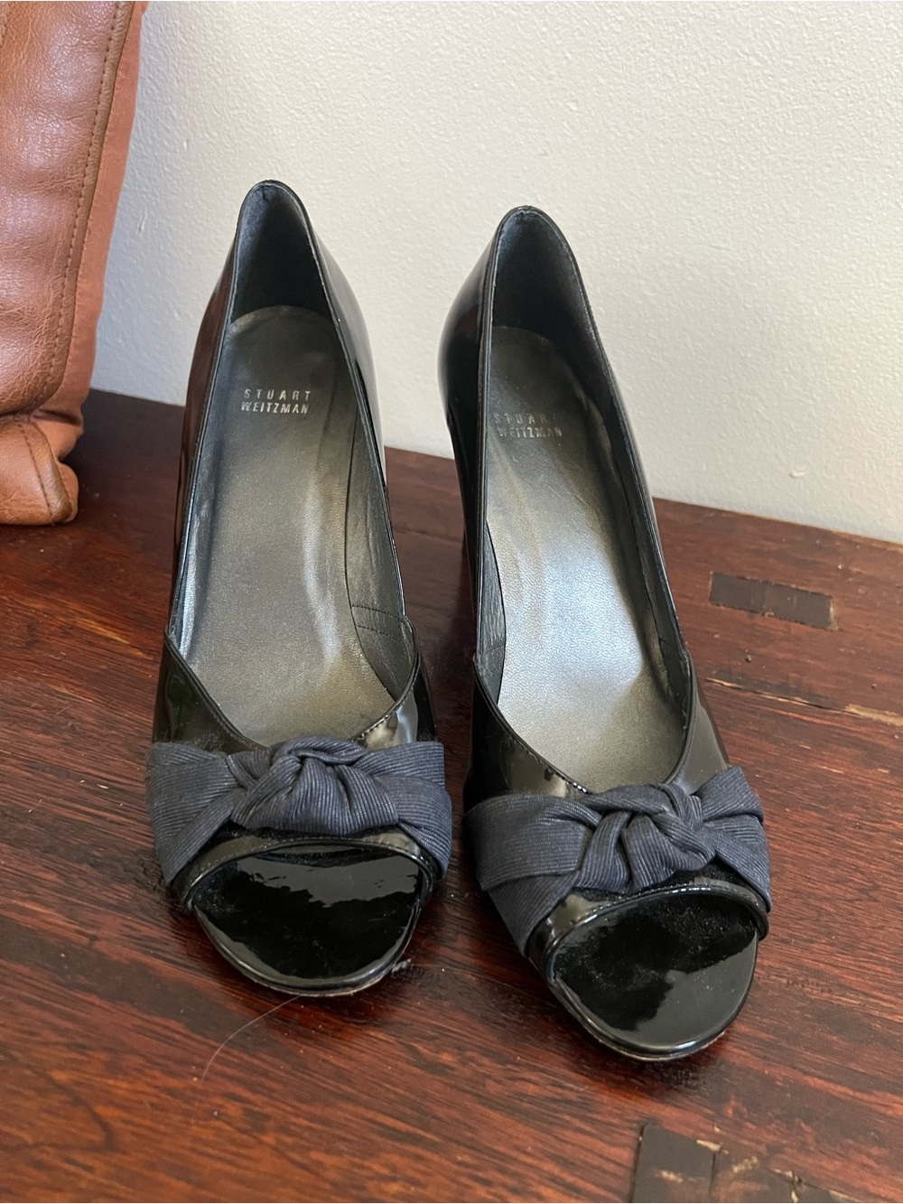 Stuart Weitzman Black Patent Peep-Toe Heels with Bow Accent